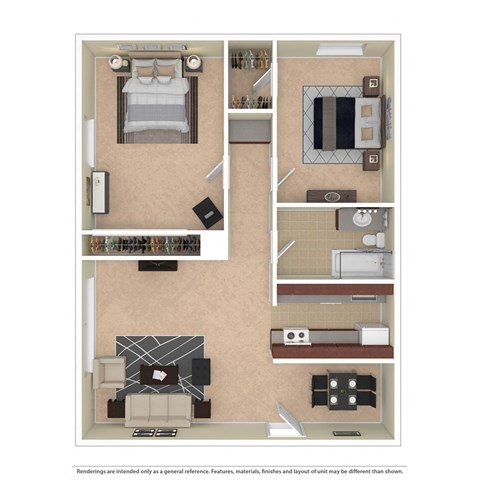 Floor plan for 2 beds, 1 bath, 739 sqft